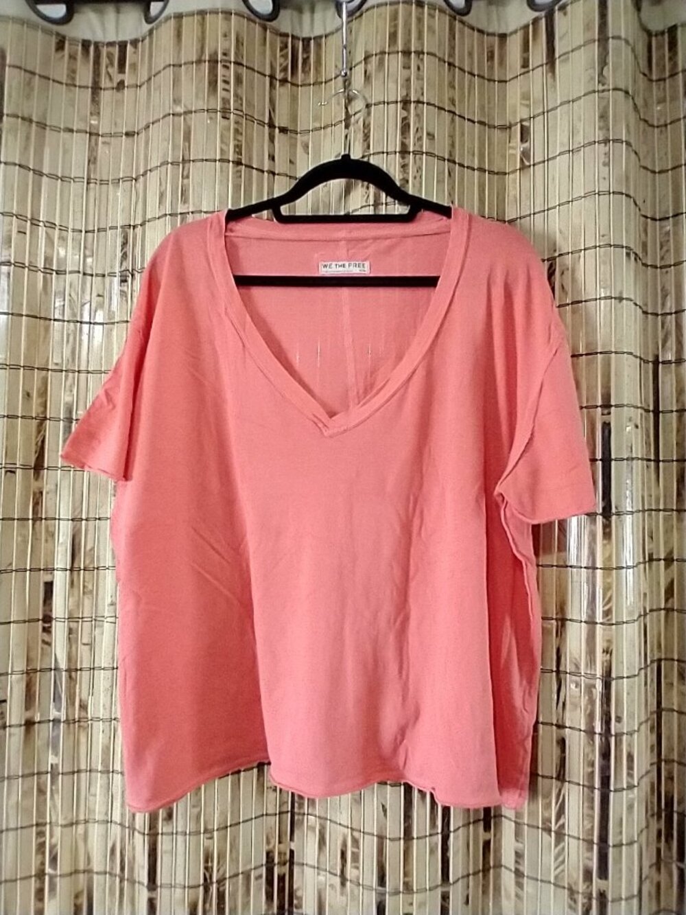 We The Free (Free People) Deep V-Neck Oversized T-Shirt in Coral / Salmon Pink